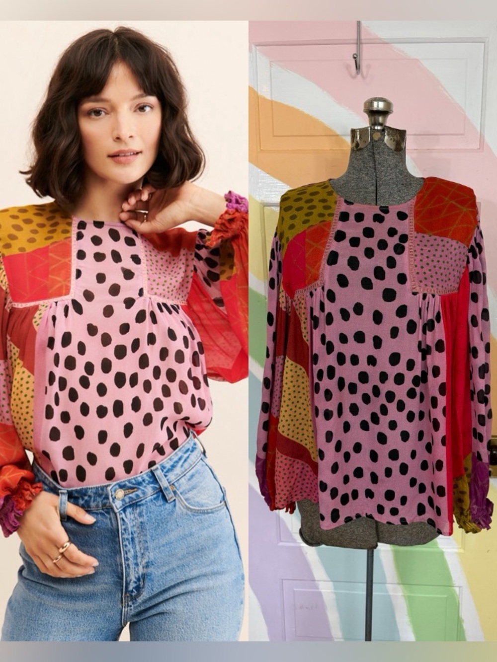 Bl^nk London Anthropologie Miranda Peasant Patchwork Blouse Sz S 💛🍄